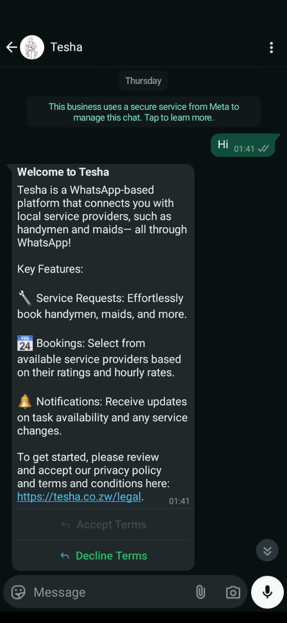 Welcome message in WhatsApp chat